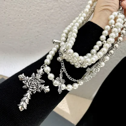 Multi-layered Beaded Cross Necklace - Image 3