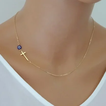 Tiny Evil Eye Simple Cross Necklace - Image 2