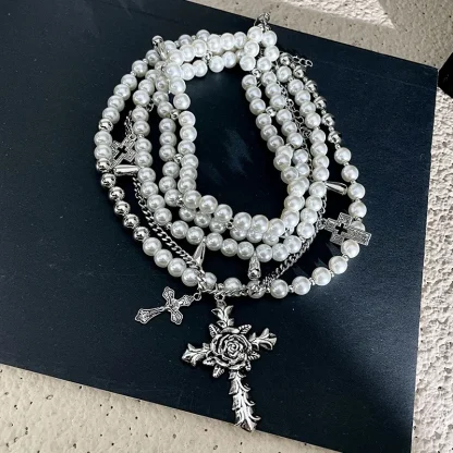 Multi-layered Beaded Cross Necklace - Image 5