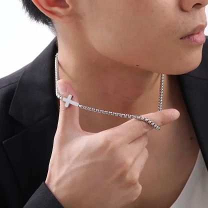 Box Chain Sideways Cross Necklace - Image 4