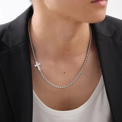 Box Chain Sideways Cross Necklace - Image 3