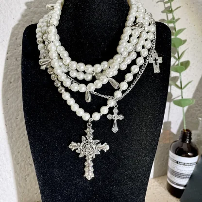 Multi-layered Beaded Cross Necklace - Image 2