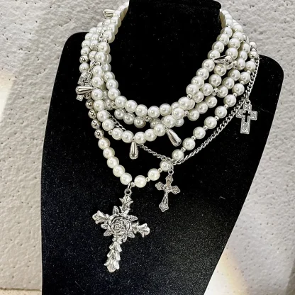 Multi-layered Beaded Cross Necklace - Image 4