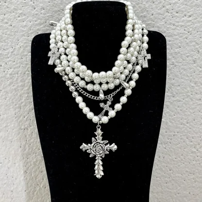 Multi-layered Beaded Cross Necklace