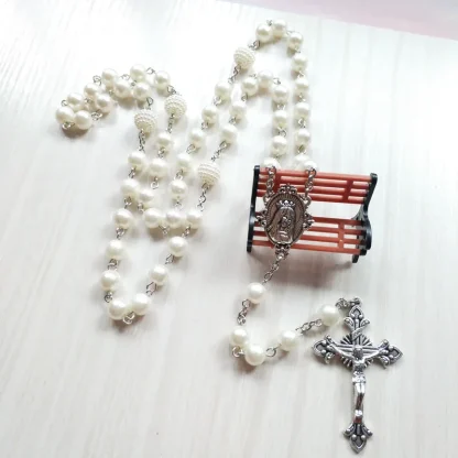 Beaded Pearl-like Cross Necklace - Image 3