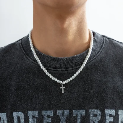 Pearl-like Beads Cross Necklace