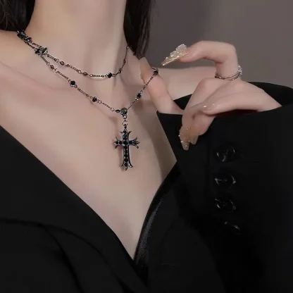Beaded Two Layered Cross Necklace - Image 3
