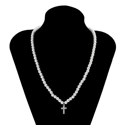 Pearl-like Beads Cross Necklace - Image 5