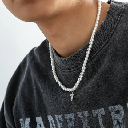 Pearl-like Beads Cross Necklace - Image 2