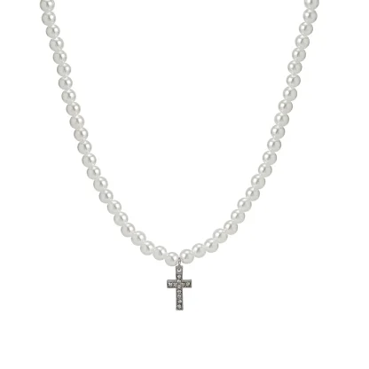 Pearl-like Beads Cross Necklace - Image 6