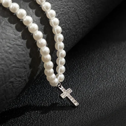 Pearl-like Beads Cross Necklace - Image 4